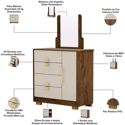 Cômoda Sapateira Com Espelho Para Quarto 1 Porta 4 Gavetas Paraty V01 Imbuia Fendi - Lyam Decor