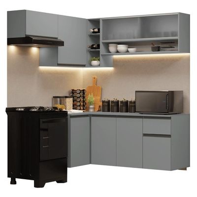 Armário De Cozinha Completa De Canto Suspenso 325cm Nice Madesa 01 Cinza