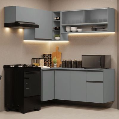 Armário De Cozinha Completa De Canto Suspenso 325cm Nice Madesa 01 Cinza