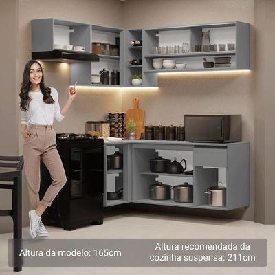 Armário De Cozinha Completa De Canto Suspenso 325cm Nice Madesa 01 Cinza