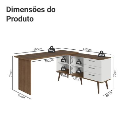 Mesa Para Computador Gamer Em L 3 Gavetas Branco/rustic Lisboa Madesa