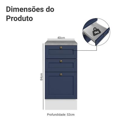 Balcão De Cozinha 40 Cm 3 Gavetas Branco/azul Vik Madesa Branco/azul
