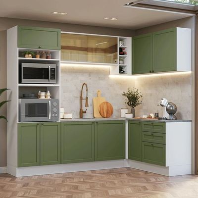 Armário De Cozinha Completa De Canto 399 Cm Branco-verde Vik Madesa 02 Branco-verde