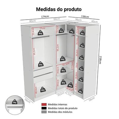 Guarda-roupa Modulado De Canto 310 Cm 5 Portas 2 Gavetas Branco Neo Madesa 02