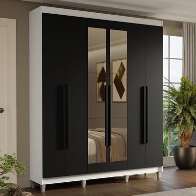 Guarda-roupa Casal Com Pés 6 Portas Batentes Com Espelho Branco-preto-preto Saturno Madesa