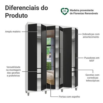Guarda-roupa Casal Com Pés 6 Portas Batentes Com Espelho Branco-preto-preto Saturno Madesa