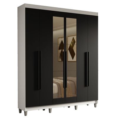 Guarda-roupa Casal Com Pés 6 Portas Batentes Com Espelho Branco-preto-preto Saturno Madesa