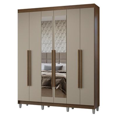Guarda-roupa Casal Com Pés 6 Portas Batentes Com Espelho Rustic-crema-rustic Netuno Madesa