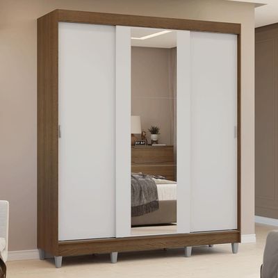 Guarda-roupa Casal Com Pés 3 Portas De Correr Com Espelho Rustic/branco Reno Madesa
