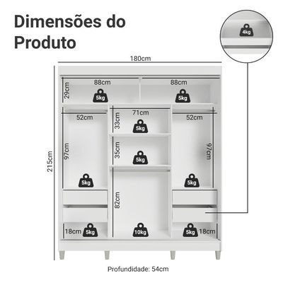 Guarda-roupa Casal Com Pés 3 Portas De Correr Com Espelho Branco Rustic Reno Madesa