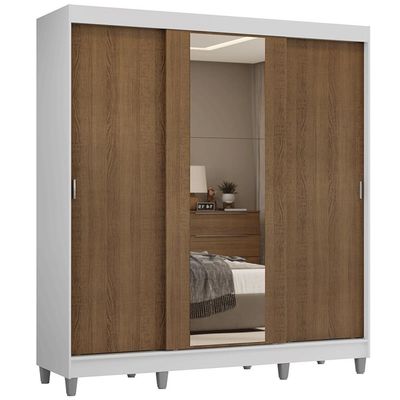 Guarda-roupa Casal Com Pés 3 Portas De Correr Com Espelho Branco Rustic Reno Madesa