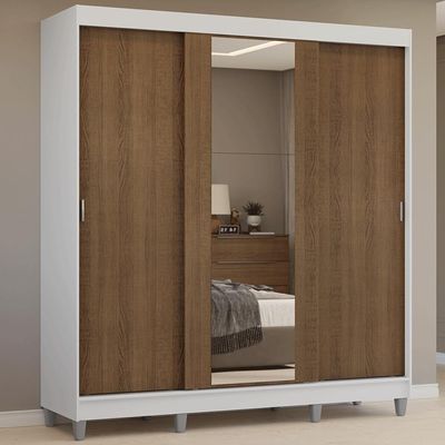Guarda-roupa Casal Com Pés 3 Portas De Correr Com Espelho Branco Rustic Reno Madesa