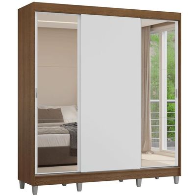 Guarda-roupa Casal Com Pés 3 Portas De Correr Com Espelhos Rustic Branco Reno Madesa