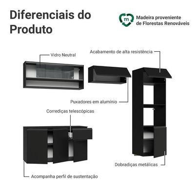 Armário De Cozinha Completa 260 Cm Suspenso Preto Nice Madesa 10 Preto