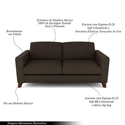 Sofá Sala De Estar Living 3 Lugares 280cm Presley Pés Madeira Veludo Marrom G52 - Gran Belo