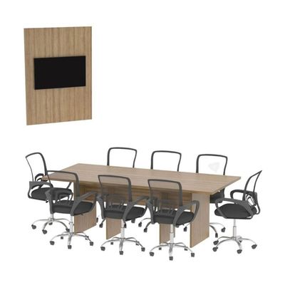 Conjunto Mesa De Escritório Reunião 220cm Com Painel Para Tv Multimóveis Cr25339 Amêndoa