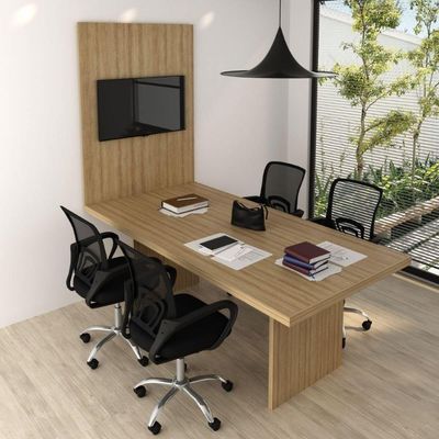 Conjunto Mesa De Escritório Reunião 220cm Com Painel Para Tv Multimóveis Cr25339 Amêndoa