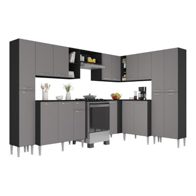 Armário Cozinha Modulada Completa De Canto 464cm Pequim Pop Multimóveis Mp3772 Preto-lacca Fumê