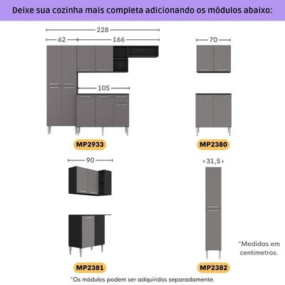 Armário Cozinha Modulada Completa De Canto 464cm Pequim Pop Multimóveis Mp3772 Preto-lacca Fumê
