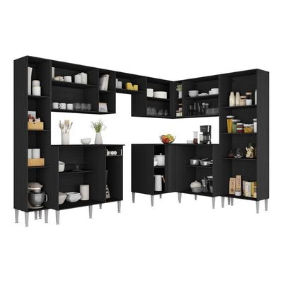 Armário Cozinha Modulada Completa De Canto 464cm Pequim Pop Multimóveis Mp3772 Preto-lacca Fumê