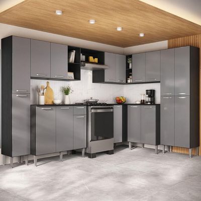 Armário Cozinha Modulada Completa De Canto 464cm Pequim Pop Multimóveis Mp3772 Preto-lacca Fumê