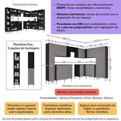 Armário Cozinha Modulada Completa De Canto 464cm Pequim Pop Multimóveis Mp3772 Preto-lacca Fumê