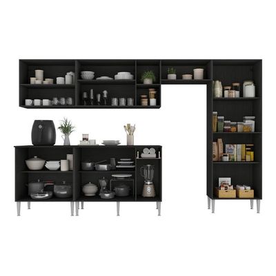Armário Cozinha Modulada Completa 298cm Pequim Top Multimóveis Mp3770 Preto-lacca Fumê