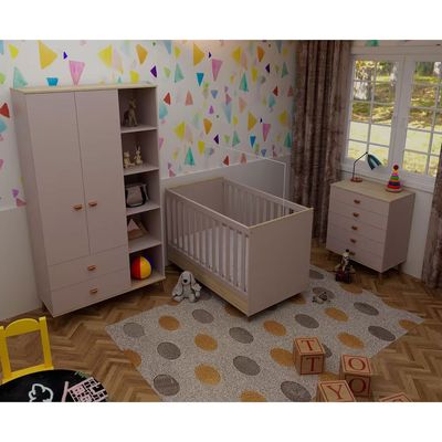Quarto Infantil Completo Ternura Guarda-Roupa 2 Portas Cômoda 5 Gavetas Berço Conversível Bartira Rosa Wood