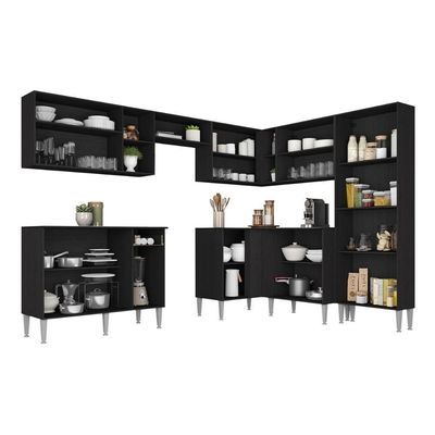 Armário Cozinha Modulada Completa De Canto 432,5cm Pequim Pop Multimóveis Mp3773 Preto-lacca Fumê