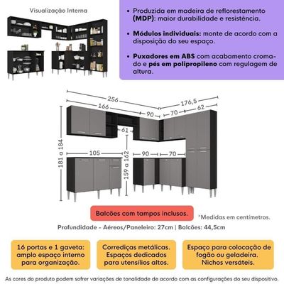 Armário Cozinha Modulada Completa De Canto 432,5cm Pequim Pop Multimóveis Mp3773 Preto-lacca Fumê