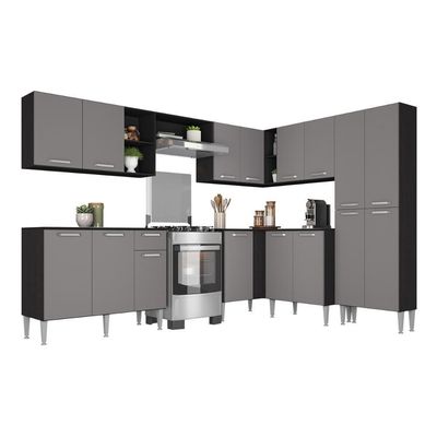 Armário Cozinha Modulada Completa De Canto 432,5cm Pequim Pop Multimóveis Mp3773 Preto-lacca Fumê