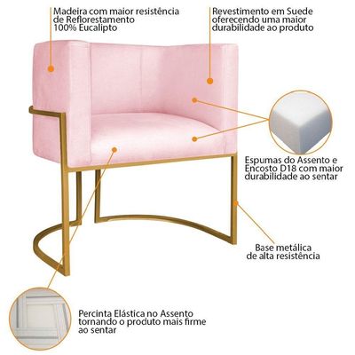 Kit Divã Luna 160cm Lado Direito E 01 Poltrona Base De Ferro Dourada Suede Cor Rosa Bebê