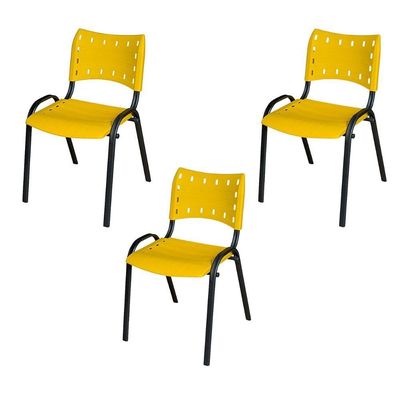 Kit 3 Cadeira Iso Tubo Oblongo Aço Industrial Empilhavel Amarelo
