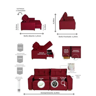 Sofá Baú San Marino Retrátil E Reclinável 3 Lugares Sofatec Vermelho
