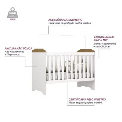 Berço Mini Cama Mel 3 em 1 com Suporte para Mosquiteiro e 133cm de Largura Carolina Baby Branco e Bétula