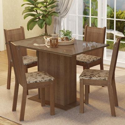 Conjunto Sala De Jantar Mesa Tampo De Vidro 4 Cadeiras Rustic/bege Marrom Camélia Madesa