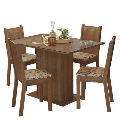 Conjunto Sala De Jantar Mesa Tampo De Vidro 4 Cadeiras Rustic/bege Marrom Camélia Madesa