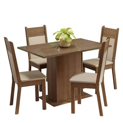 Conjunto Sala De Jantar Mesa Tampo De Vidro 4 Cadeiras Rustic/crema/bege Viena Madesa