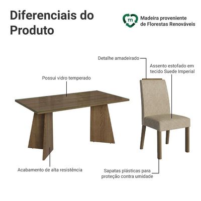 Conjunto Sala De Jantar Tampo De Vidro 4 Cadeiras Rustic/imperial Braga Madesa