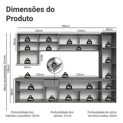 Armário De Cozinha Completa 280 Cm Suspensa Cinza Nice Madesa 05