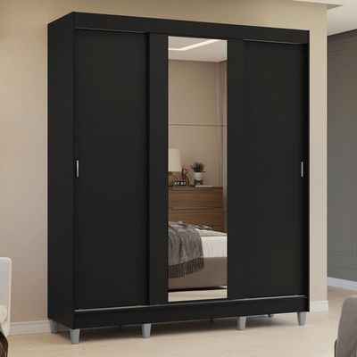 Guarda-roupa Casal Com Pés 3 Portas De Correr Com Espelho Preto Reno Madesa