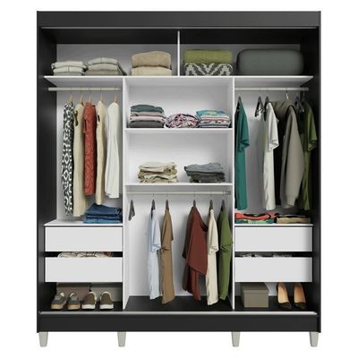 Guarda-roupa Casal Com Pés 3 Portas De Correr Com Espelho Preto Reno Madesa