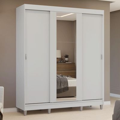 Guarda-roupa Casal Com Pés 3 Portas De Correr Com Espelho Branco Reno Madesa