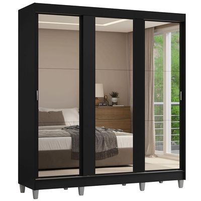Guarda-roupa Casal Com Pés 3 Portas De Correr De Espelho Preto Reno Madesa