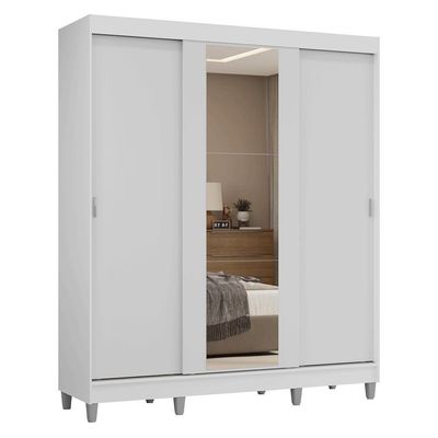 Guarda-roupa Casal Com Pés 3 Portas De Correr Com Espelho Branco Reno Madesa