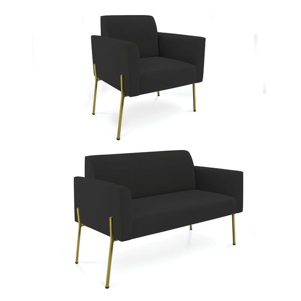 Sofá Namoradeira E Poltrona Pé De Ferro Dourado Salão Marisa Veludo Preto D03