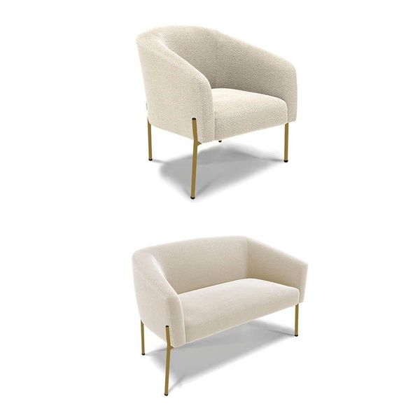 Sofá Namoradeira E Poltrona Pé Ferro Dourado Stella Bouclê Bege D03 - D'rossi