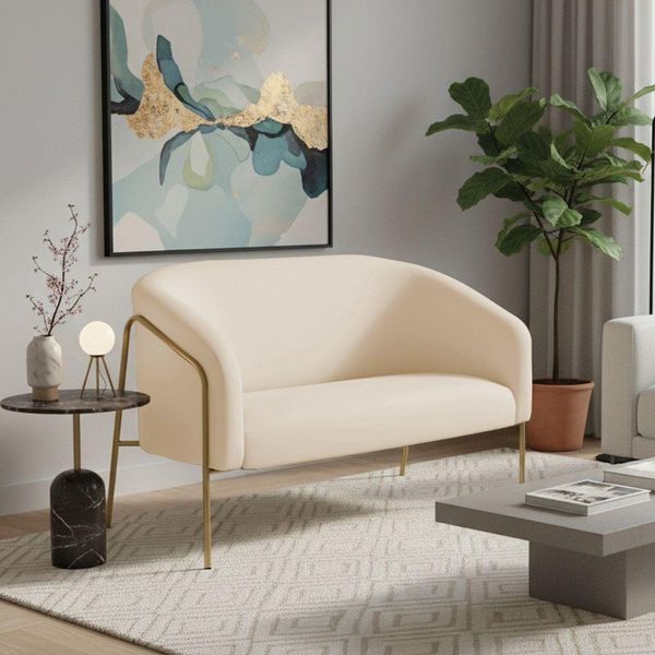 Sofá 2 Lugares Namoradeira Stella Base Industrial Alta Dourada Veludo D03 - D'rossi Cor Bege Sofá 2 Lugares Namoradeira Stella Base Industrial Alta Dourada Veludo D03 - D'rossi Cor Bege