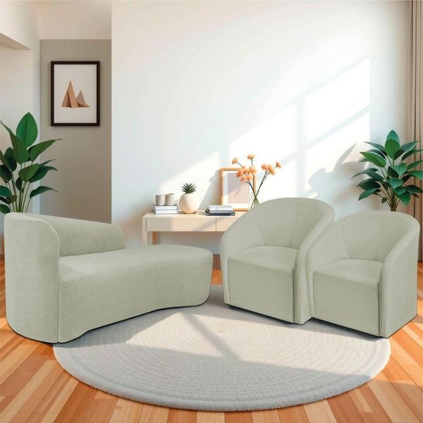 Kit Sofá Curvo França 160cm Ld. E 2 Poltronas Luiza Max Conforto, Elegância E Design Moderno Bouclé Verde Oliva