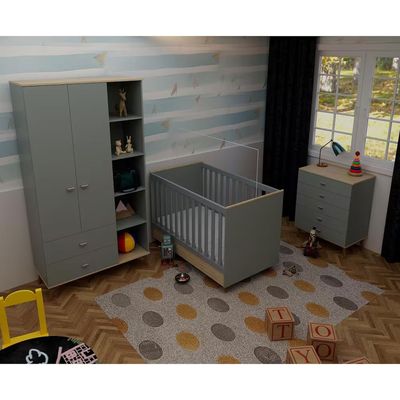 Quarto Infantil Completo Ternura Guarda-Roupa 2 Portas Cômoda 5 Gavetas Berço Conversível Bartira Azul Wood